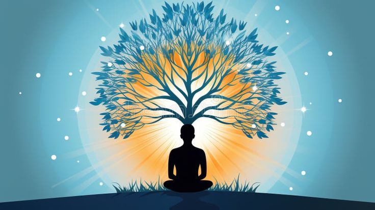 Person meditate at nature under tree branch, new life, solitude and tranquility concept,