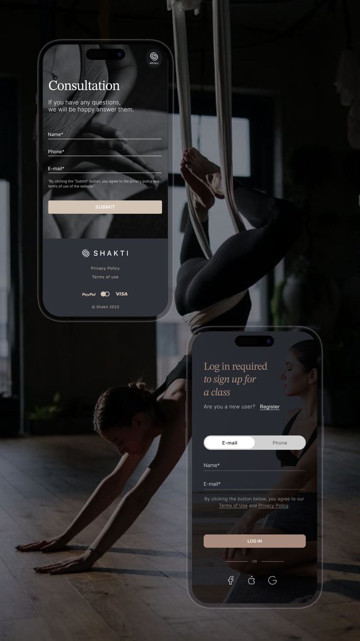 Registration form, Log in form on SHAKTI yoga studio site